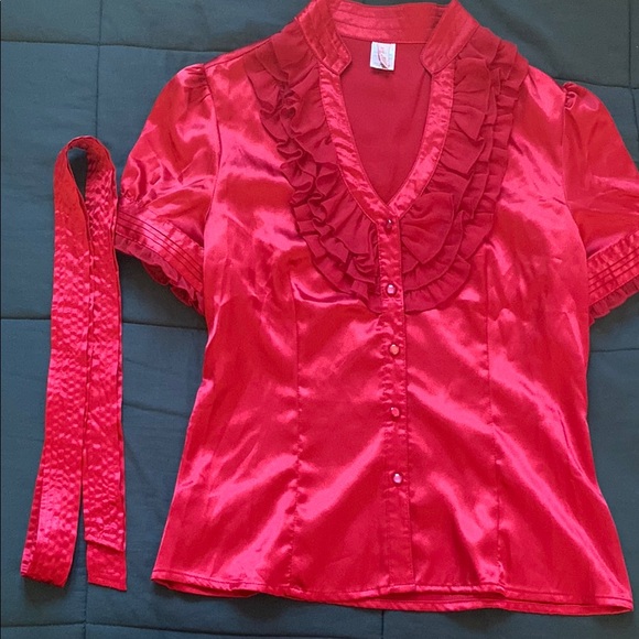 Red Satin Ruffle Blouse - Picture 3 of 6